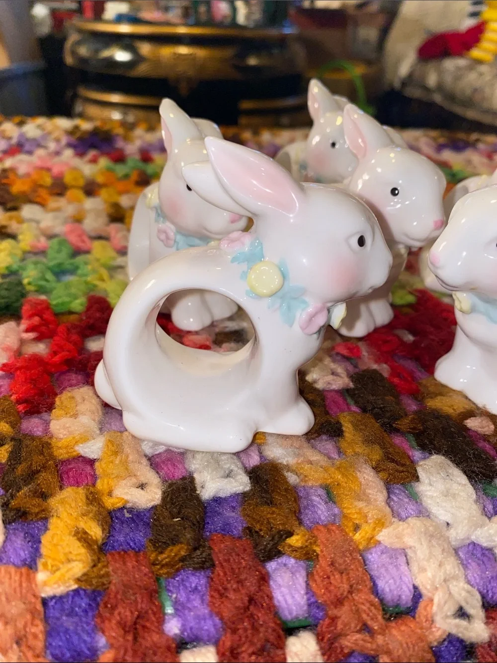 Vintage White Ceramic Bunny Napkin Holders with Blue Bows- Set of 6